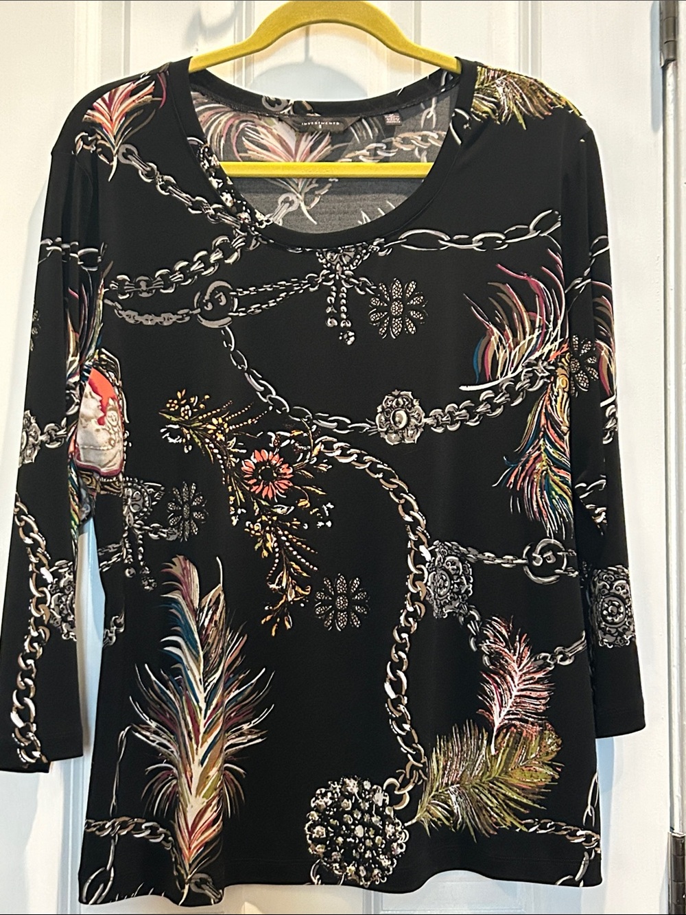 Investments Black Floral & Chain Print Long Sleeve Top
